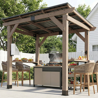 StarEcho cedar Wood Grill Gazebo with Bar Counter, Patio Hardtop